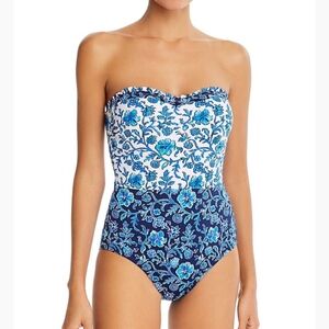 Tommy Bahama One Piece Woodblock Blue Printed Bandeau Size 10 Swimsuit EUC